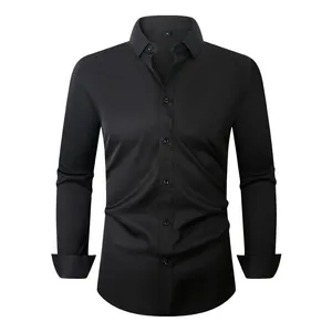 Premium men's slim fit long sleeve black dress shirt in anti-wrinkle stretch fabric