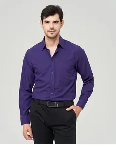 Detailed view of a men's purple long-sleeve shirt with a pocket and button-down collar.