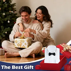 Elegant men's white business shirt with black bowtie in a festive holiday gift box