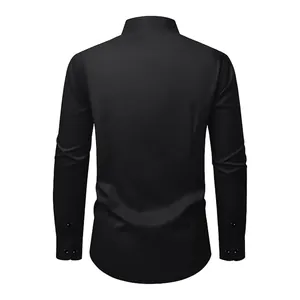 Professional men's slim fit long sleeve black business dress shirt back view details