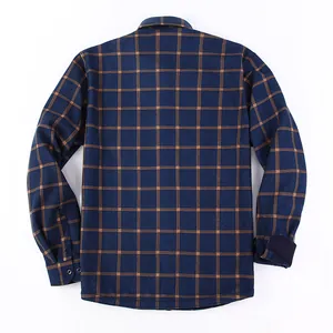 Back view of a warm navy blue fleece-lined plaid flannel shirt jacket for men.