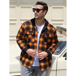 Chemise à carreaux en flanelle à capuche pour hommes, orange et noir, chaude et décontractée