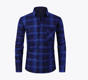 Camicia classica calda in flanella a quadri blu navy da uomo con tasca sul petto