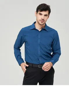 Classic dark blue long-sleeved dress shirt for men featuring a functional front chest pocket