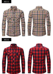 Detailed front and back views of men's slim fit long-sleeve plaid shirts in khaki and red
