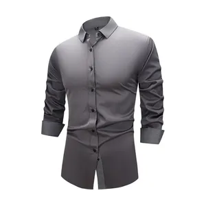 Men Business Formal Long Sleeve Shirt Elastic Contrast Collar Contrast Cuffs Slim Fit Button Down Shirt Daily Office Top