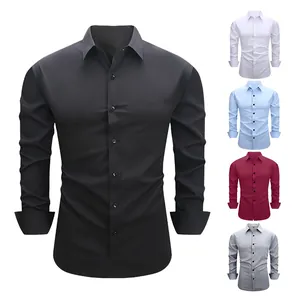 Herren Business Casual Langarm Hemd Polyester Faltenresistent Stretch Slim Fit Revers Knopf Oben Top Für Büro