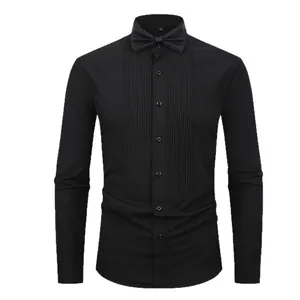 Elegant black slim fit men's tuxedo shirt with pleated front and matching bow tie set.