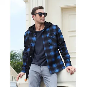 Chemise en flanelle à capuche à carreaux bleu et noir pour homme avec poches et capuche