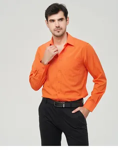Detailed view of a men's vibrant orange long-sleeve casual shirt with chest pocket