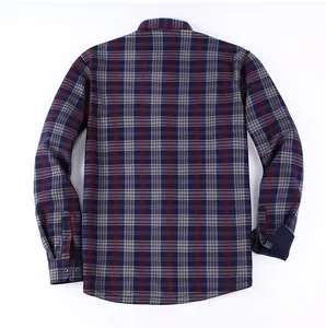 Back view of men's long-sleeve navy and red plaid flannel shirt with fleece lining