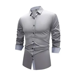 Grey slim fit long sleeve business shirt for men with 4-way stretch and contrast trim