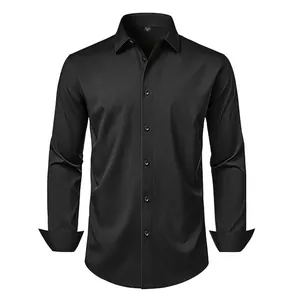 Professional men's black long sleeve business shirt with slim fit and stretch fabric