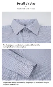 Detailed view of men's business casual long sleeve shirt with micro grid print