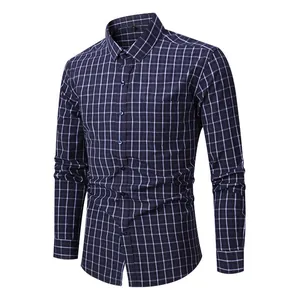 Camicia classica da uomo a scacchi blu navy a maniche lunghe con un design casual e ampio