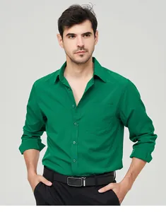 Detailed view of a men's casual long-sleeved green shirt with pocket