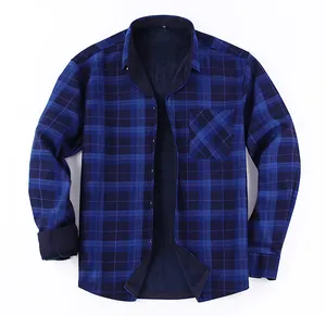 Interior view of men's blue plaid shirt showing the thick warm fleece lining detail