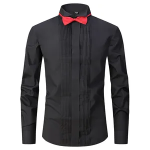 Men's black slim fit tuxedo shirt with elegant pleated front and red bow tie