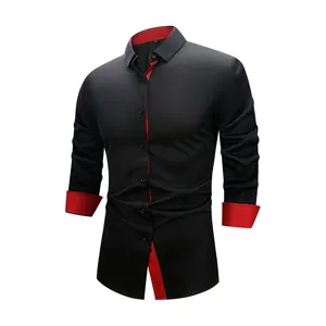 Men's four-way stretch long-sleeve shirt with red contrast collar and cuffs