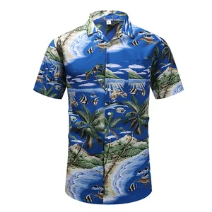 Men Vintage Hawaiian Shirt Cuban Collar Short Sleeve Tropical Landscape Floral Print Button Down Casual Summer Beach Top