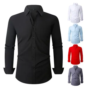 Men Business Casual Long Sleeve Shirt Polyester Spandex Flip Collar Pocket Machine Washable Work Top