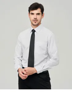 Professional close-up of a men's long-sleeved white dress shirt with black tie.