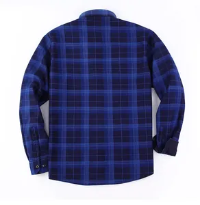 Detailed back view of a men's blue plaid long-sleeved warm fleece-lined flannel shirt