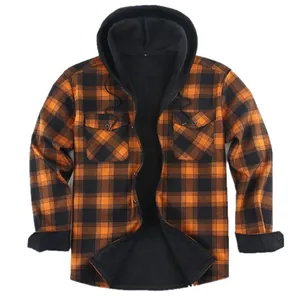 Chemise à capuche en flanelle à carreaux orange et noir pour homme avec doublure