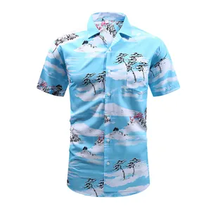 Vintage light blue Hawaiian shirt for men with landscape print and Cuban collar