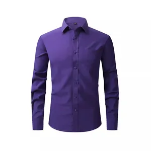 Classic men's purple long-sleeved business casual dress shirt featuring a chest pocket
