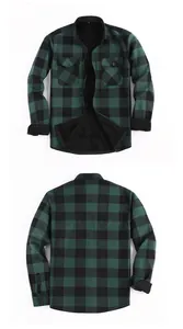 Front and back detail views of men's green plaid flannel shirt with fleece lining
