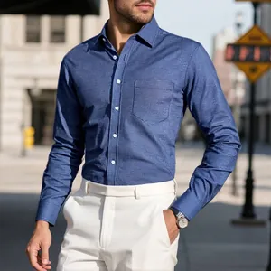 Men Long Sleeve Plaid Print Shirt Business Casual Button Down Top Slim Fit Breathable Polyester Autumn Comfortable Shirts