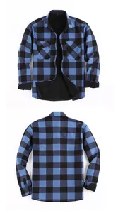 Front and back views of men's blue and black checkered fleece-lined flannel shirt