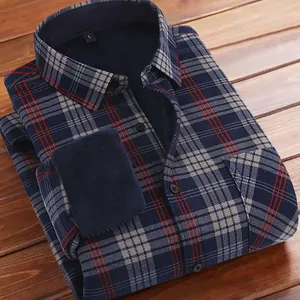 Men's navy plaid long-sleeve shirt with thick warm fleece lining on wooden background