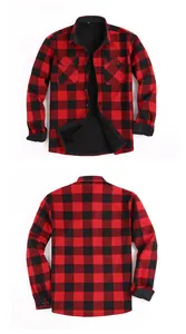 Front and back view of men's red black plaid flannel shirt with warm fleece lining
