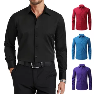 Men Casual Long Sleeve Stretch Shirt Solid Color Business Button Down Shirt With Chest Pocket Lightweight Wrinkle Free Top