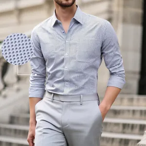 Men's slim-fit long-sleeved shirt with micro-grid print and detailed fabric texture view