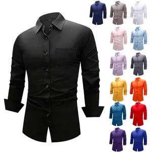 Men's Business Formal Long Sleeve Dress Shirt Breathable Stretch Wrinkle Resistant Solid Color Spread Collar Shirt Top