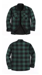 Front and back view of a men's green and black plaid fleece-lined flannel shirt.