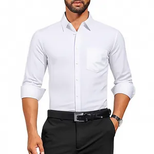 Mens slim fit long sleeve white dress shirt breathable stretch wrinkle-free business top