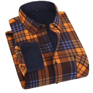 Men's winter warm fleece-lined flannel plaid shirt jacket with orange check pattern