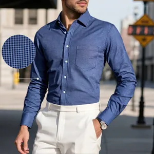 Men's blue checkered long-sleeve casual shirt with fabric texture detail zoom