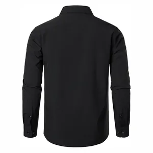 Professional back view of a classic black long-sleeved casual shirt for men in solid cotton