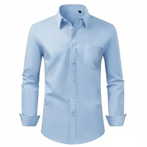 Men's light blue long-sleeved business shirt with chest pocket and wrinkle-resistant fabric