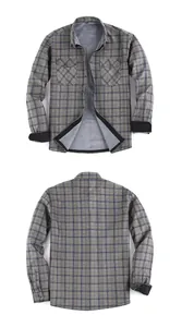 Front and back views of a men's gray plaid flannel shirt with warm fleece lining