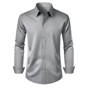 Men's silky non-iron business dress shirt in grey, long-sleeved professional formal wear