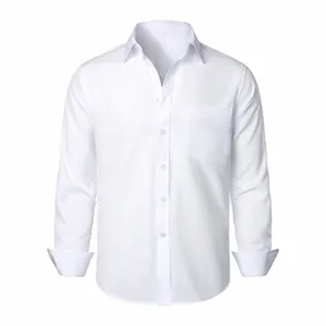 Classic men's long-sleeved white dress shirt with a front pocket and button-down style.