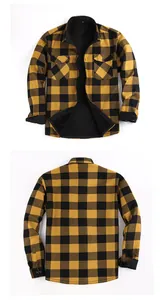 Front and back view of men's yellow and black plaid fleece-lined flannel shirt.