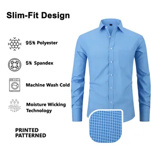 Men's slim-fit long-sleeve blue grid shirt made of moisture-wicking polyester spandex blend