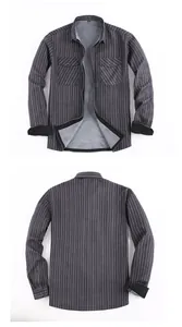 Men's grey striped fleece-lined flannel shirt showing front and back views for details